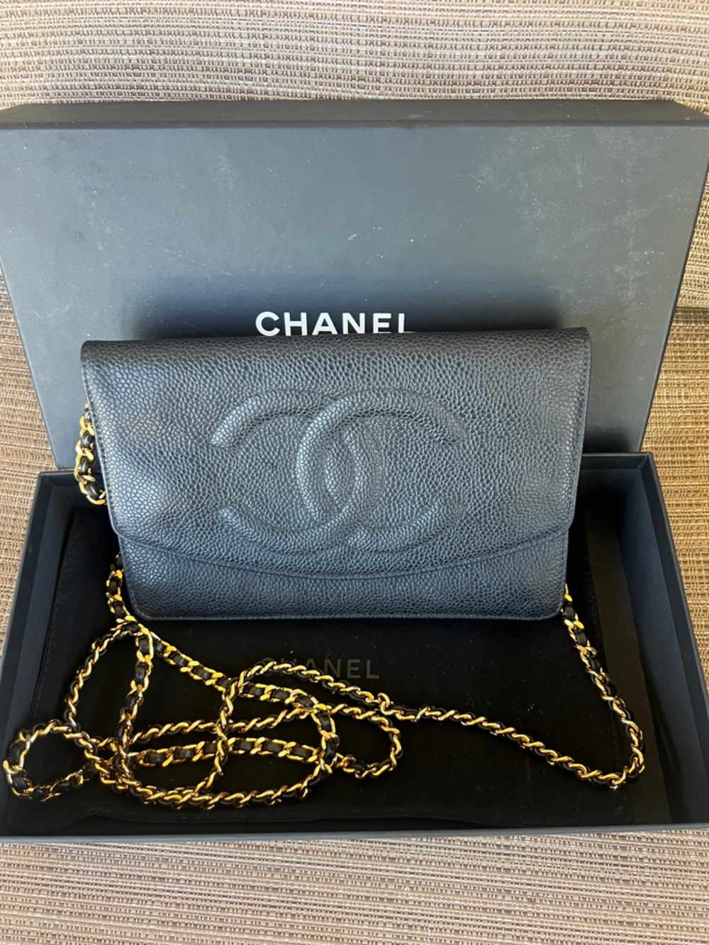 CHANEL Black Caviar Leather Chain Crossbody with Gold-Tone Chain